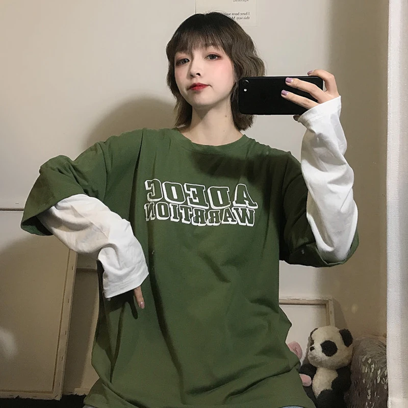 

2019 Autumn Woman T Shirt Top Korean Style Ulzzang Harajuku Vintage Fake 2 Piece Long Sleeve T-shirt For Women Loose Tee Shirts