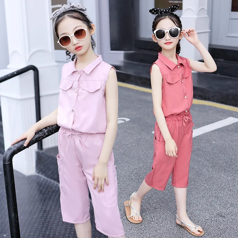 

Girls School Style Clothes Set Candy Color Fashion Sports Set Chiffon T-Shirt + Pants Children's Clothing 4 6 8 10 12 years