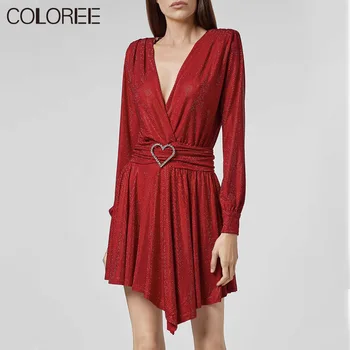 

Soild 6 Colors ! New Autumn Sexy V-neck Long Sleeve Irregular Mini Dresses For Women 2020 Vinage Woman Dress With Sashes