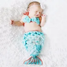 Ensemble romantique pour petite fille de 0 à 6 mois, jupe tricotée en queue de poisson bleue, soutien gorge, accessoires de photographie, tenues faites à la main