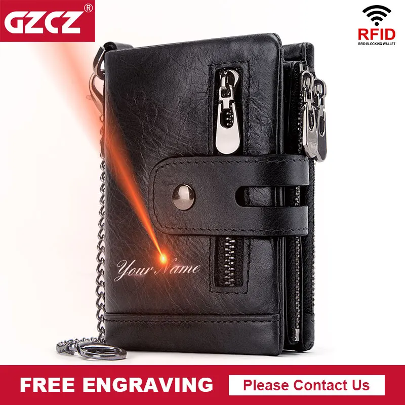 Кошелек GZCZ мужской из натуральной кожи с Rfid защитой маленький бумажник монетницей мини кредитница цепочкой