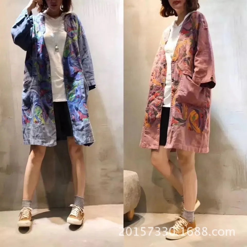 

2019 Spring And Summer New Style Retro Printed Trench Coat Coat Women's Mid-length Literature And Art Japanese-style Loose Casua