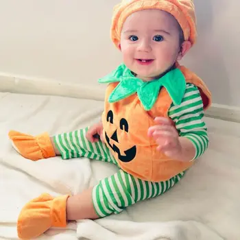 

0-3Y Cosplay Toddler Baby Pumpkin Halloween Print Sleeveless Romper Jumpsuits Tops+Hats +Shoes 3PCS Baby Clothes Costumes Cn