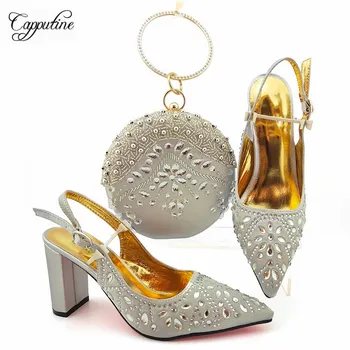 

Fashionable Silver With Stones High Heel Pointed Toe Pumps Shoes And Evening Bag Set MD012 Heel Height 9cm