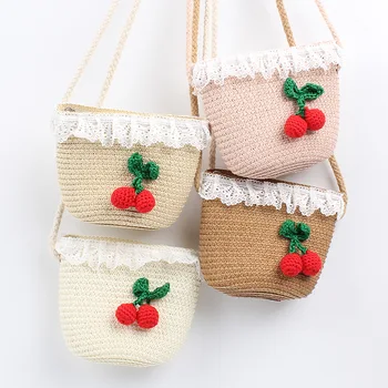

Children Handmade Straw Bag Korean-style Sweet Girls Small Cherry Shoulder Bag GIRL'S Mini Lace Purse