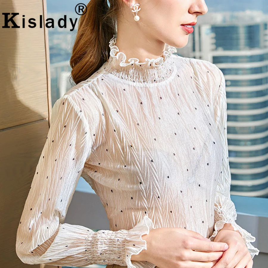 Женская готическая рубашка в горошек с длинным рукавом kisady элегантная кружевная