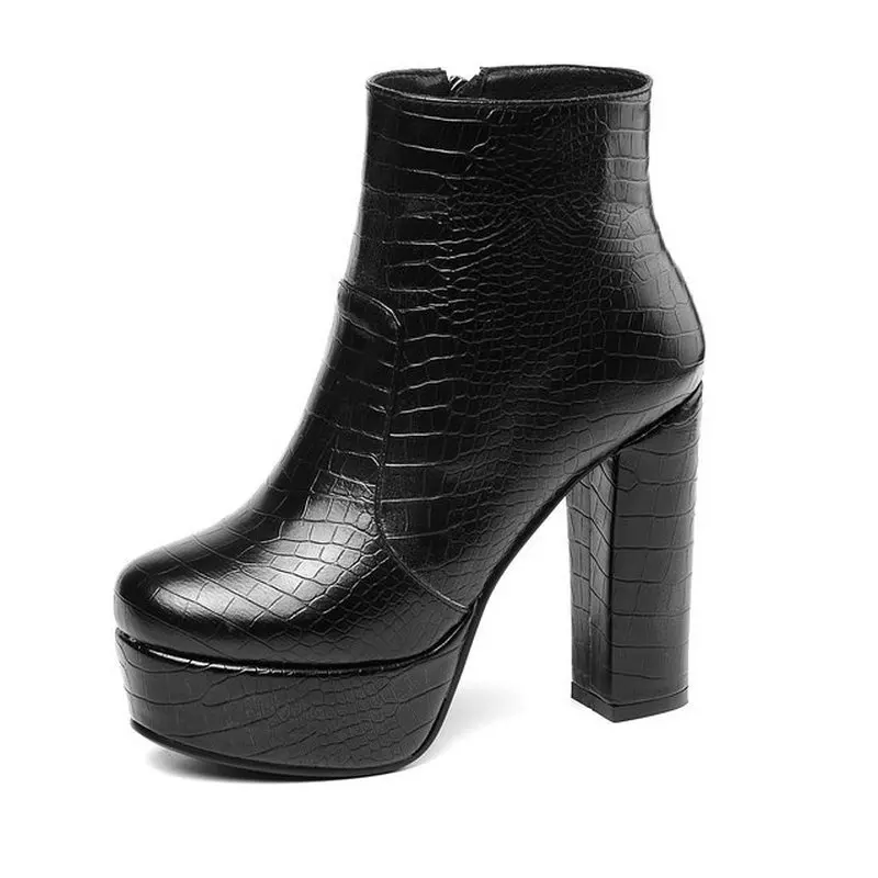 

2022 New Top Quality Leather Ankle Boots Women High Heels Platform Dress Party Work Shoes Round Toe Autumn Winter