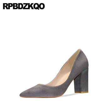 

8cm plus size korean chunky block heels shoes for women casual 10 42 thick 2019 luxury pointed toe 4 34 gray high pumps suede 33