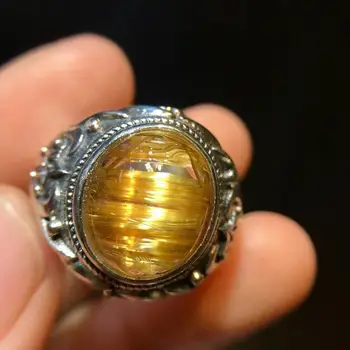 

Natural Gold Rutilated Quartz Crystal 12.5/10.4mm 925 Sterling Silver Adjustable Ring Woman Men Stone Rings Wealthy AAAAA