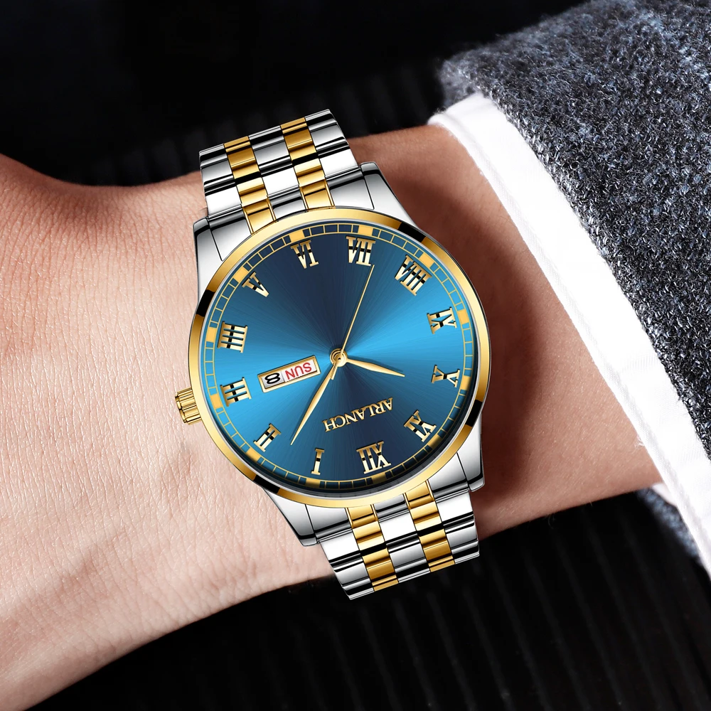 

ARLANCH Men's waterproof double calendar week non-mechanical quartz watch room gold steel Roman male watch relogio masculino