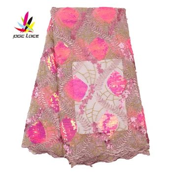

2020 Wholesale High Quality Hot Pink Latest African Nigerian French Sequins Tulle Lace Fabrics for Wedding