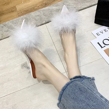

2020 high-heeled peep-toe women's shoes lazy pointed Fluffy shoes outer women slippers
