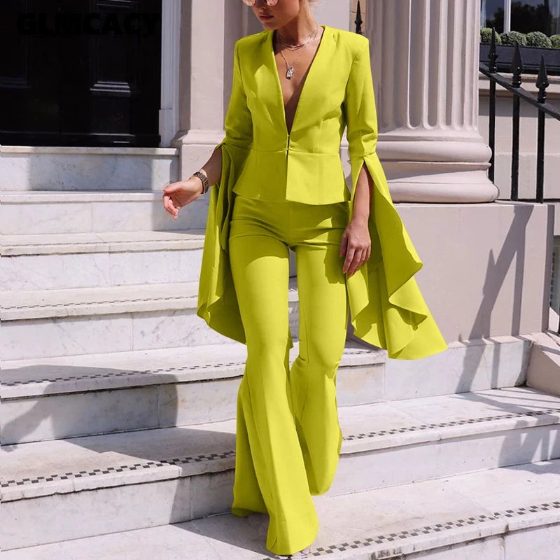 Women 2 Piece Matching Outfit Set Flare Sleeve Plunge V-neck Top & High Waist Bodycon Wide Leg Pant Sets Chic Office Lady Suit Women 2 Piece Matching Outfit Set Flare Sleeve Plunge V-neck Top & High Waist Bodycon Wide Leg Pant Sets Chic Office Lady Suit