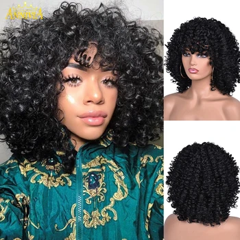 

14inch Short Curly Hair Afro Wigs For Black Women Ombre Brown Black Short Wig With Bangs Synthetic Heat Resistant Annivia