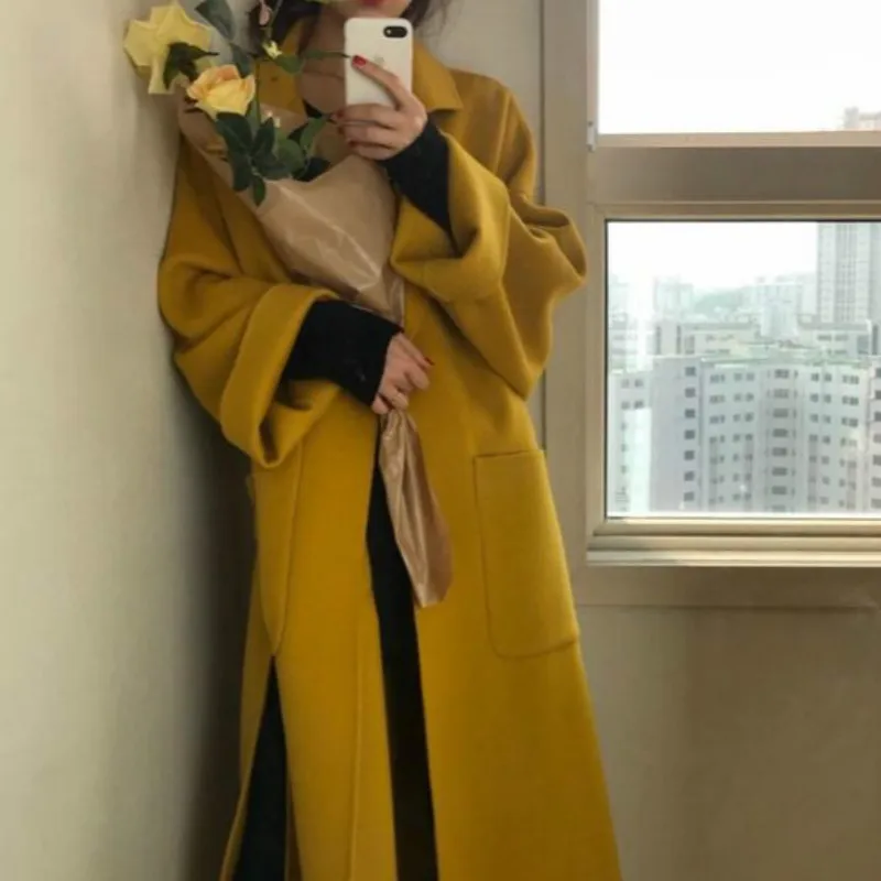 

Women Elegant Winter Cashmere Overcoat Long Bandage Woolen Coat Cardigan Loose Blends Coats Mujer Manteau Femme