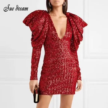 

2019 Fashion Women'S Patchwork Sequined Pleated Mini Dress Female V-Neck Puff Sleeve Long Sleeve Bodycon Club Party Dress