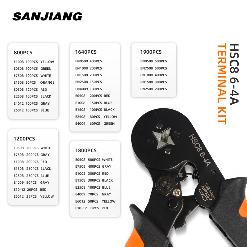 HSC8 6-4A ferrule Crimping Pliers 0.25-10MM² wire crimper tool Wire Stripper Hand Ferrule Crimp set Plier KIT With1200 Terminals 5
