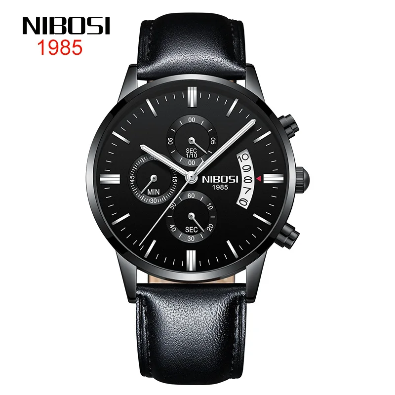 NIBOSI Fashion Mens Small Three Needles Watches Luxury Watch Luminous Leather Quartz Wristwatches Clock Male Relogio Masculino 
