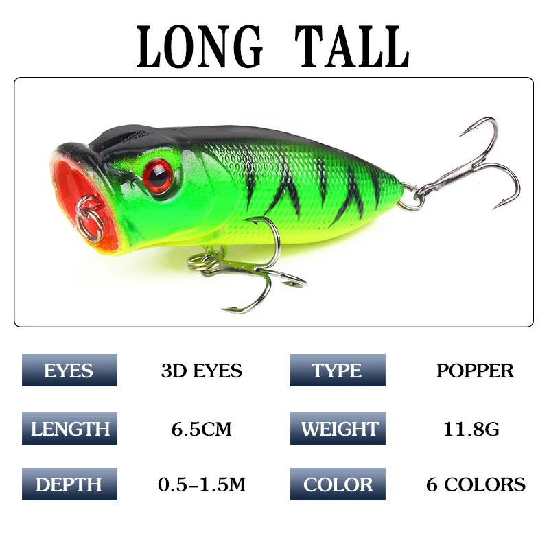 1 Pcs Fishing Lures 65mm/10g5 Topwater Popper Bait 5 Color Hard Bait Artificial Wobblers Plastic Fishing Tackle with 6# Hooks