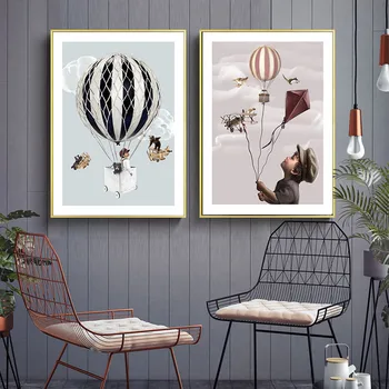 

Nordic Children's Hot-Air Ballon Animal Bedroom Home Decoration Painting Core Moistureproof and colorfast canvas painting