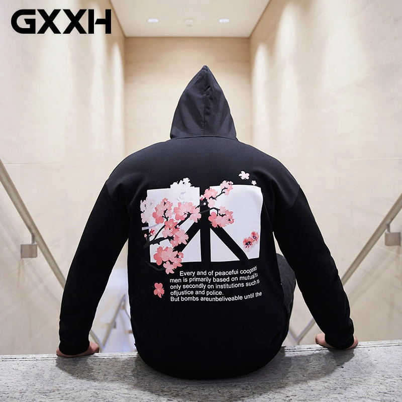GXXH вишневые толстовки с капюшоном Японская уличная Толстовка Черный Harajuku Хип Хоп пуловер спортивный костюм свободный хлопок Hoode для мужчин
