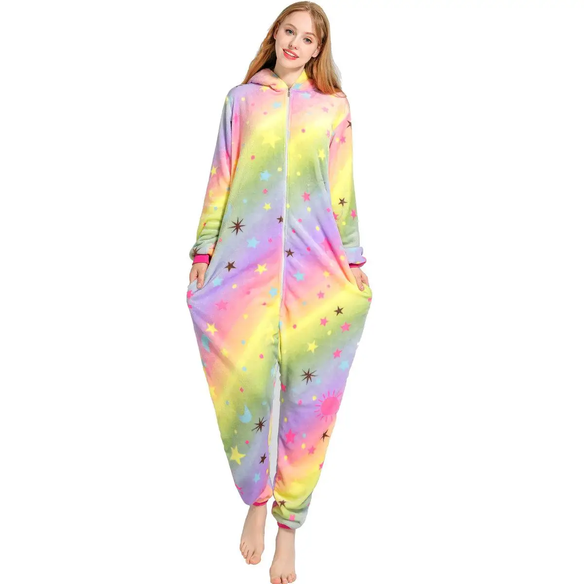 Women Unicorn Pajamas Sets Kigurumi Flannel Animal Pajamas Kids Women Winter Nightie Hooded Pyjamas Sleepwear Cartoon Homewear - Цвет: Dark Sun flower Tian