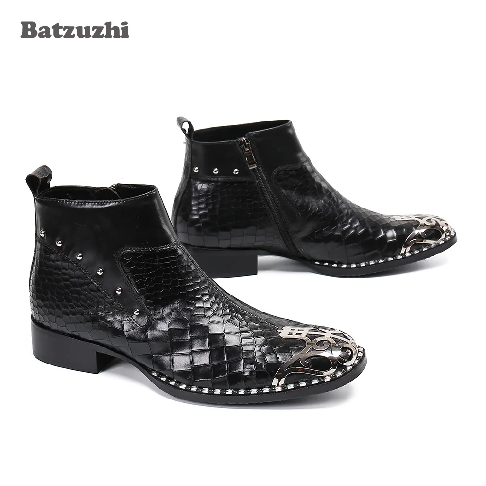 Batzuzhi Personality Leather Men's Boots Metal Toe Black Leather Short Boots Formal Business/Party Footwear Men Rock Bota Mascul