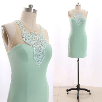 

MACloth Mint Pencil Halter Knee-Length Short Crystal Jersey Prom Dresses Dress L 267565 Clearance