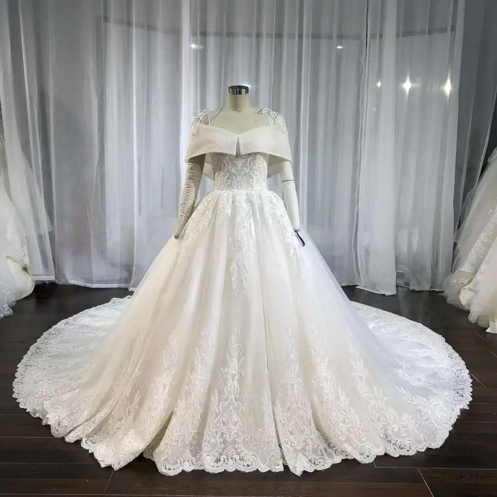 

A-Line Long V-Neck Lace Vintag Wedding Dresses with Pockets Tulle Lace Up Sweep Train Pleated Bridal Gowns for Women Real Photos