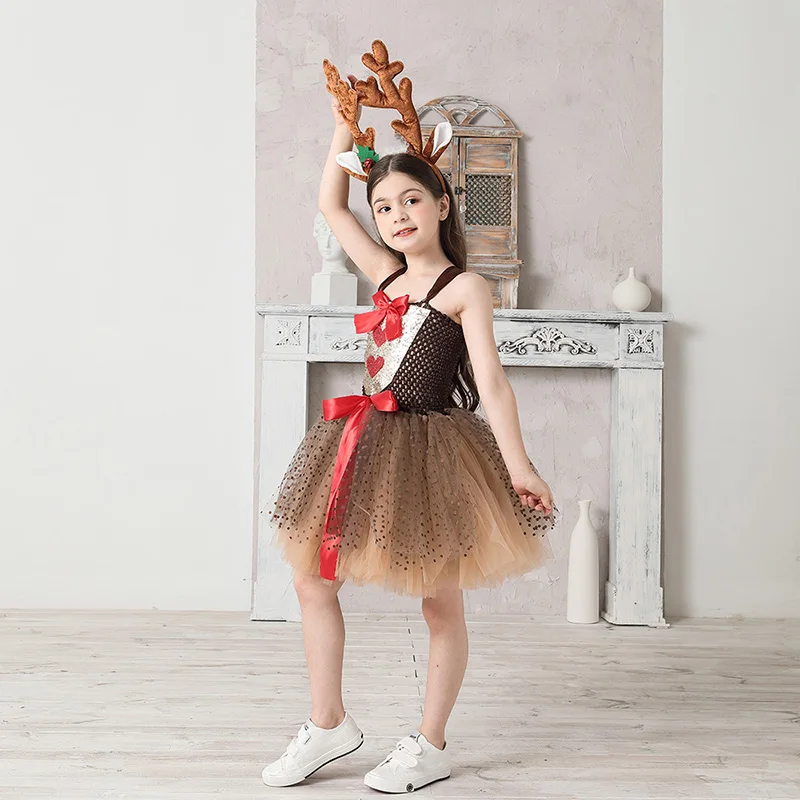 Girls Reindeer Christmas Costume XMAS Kids Rudolph the Red Nose Reindeer Fancy Tutu Dress with Headband Pageant Party Dress