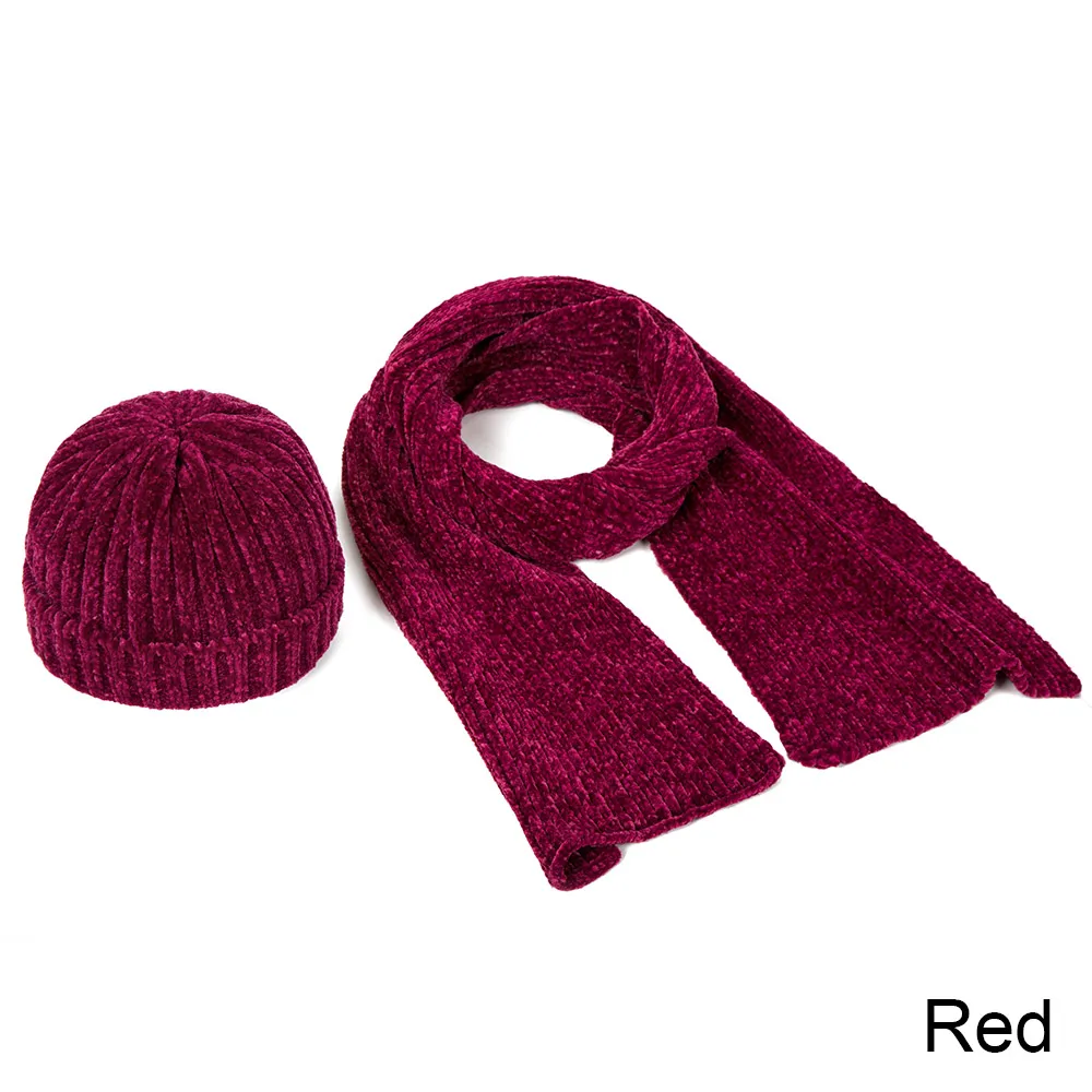Зимняя плотная шапка, шарф для девочек и мальчиков, зимние теплые шапки из синели, детский шарф, 2 предмета, детская шапка, шарф, высокое качество - Цвет: red