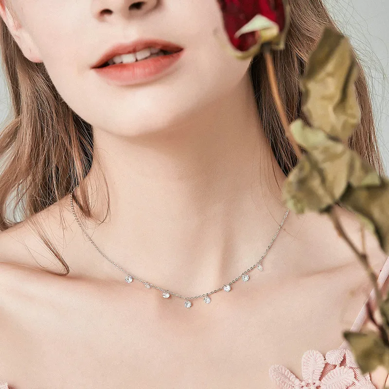 BAMOER Real 925 Sterling Silver Dazzling Cubic Zircon Round Circle CZ Pendant Necklaces for Women Sterling Silver Jewelry SCN299