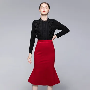 

Autumn Dress For Women 2020 New Fashion Contrast Color Lace Patchwork Round Neck Long Sleeved Slim High Waist Mermaid Dress Midi