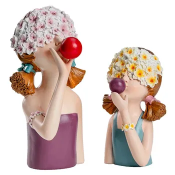 

Nordic Blowing Bubbles Girl Statue Wine Cabinet Decoration Resin Ornaments Cute Flower Girl Gift Creative Home Decor Furnishings