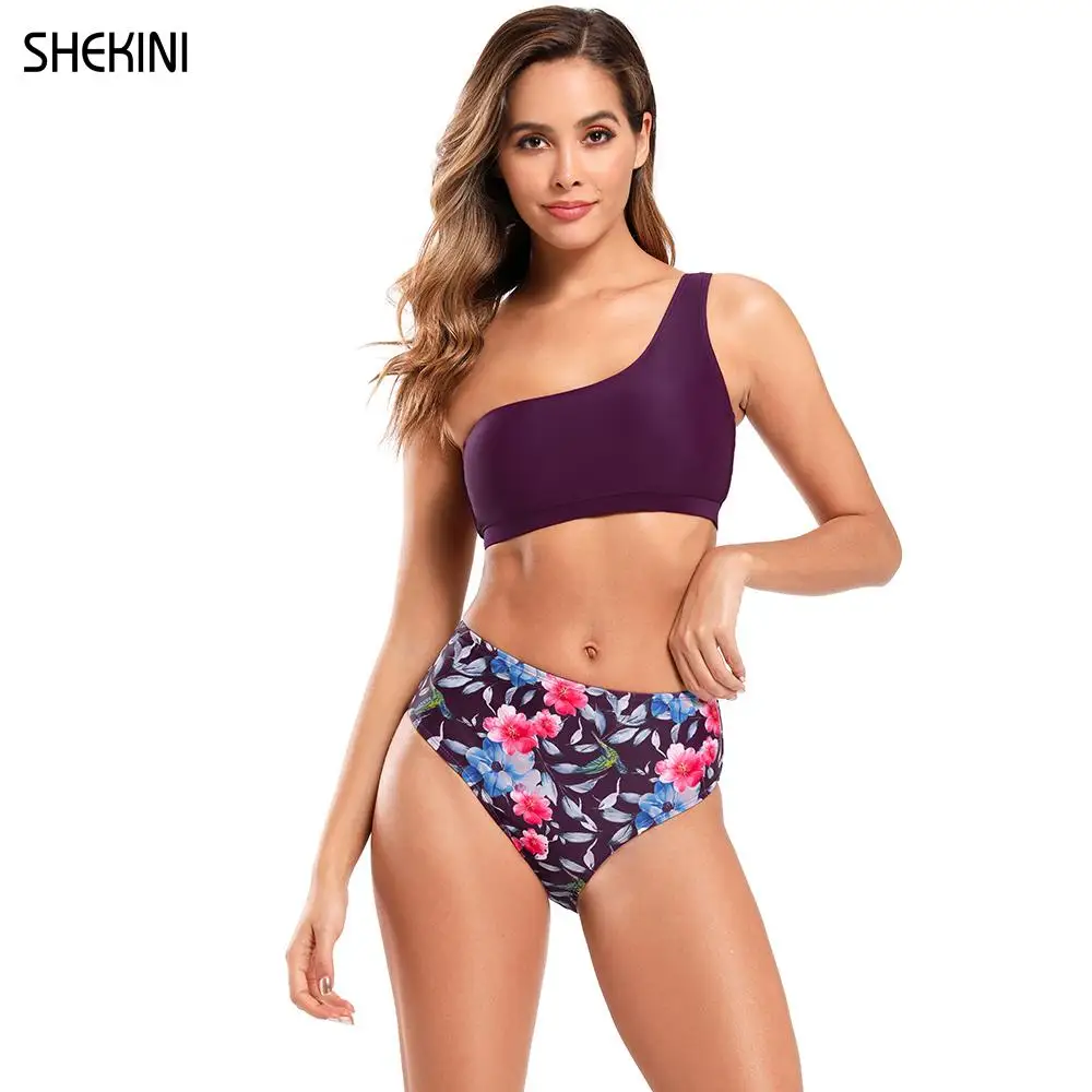 

SHEKINI Women's Bathing Suits One Shoulder Bikini Sets High Waist Flora Printing Two Piece Swimsuits Summer Swimwear
