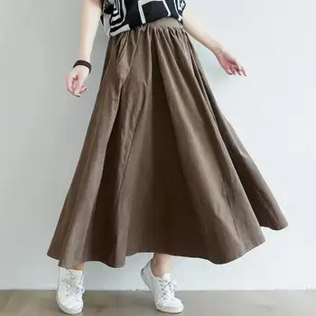 

Korean Style Fashion Women Spring Summer Big Swing Long Skirt Clothes With Pockets Elastic High Wasit Maxi Skirt For Mujers