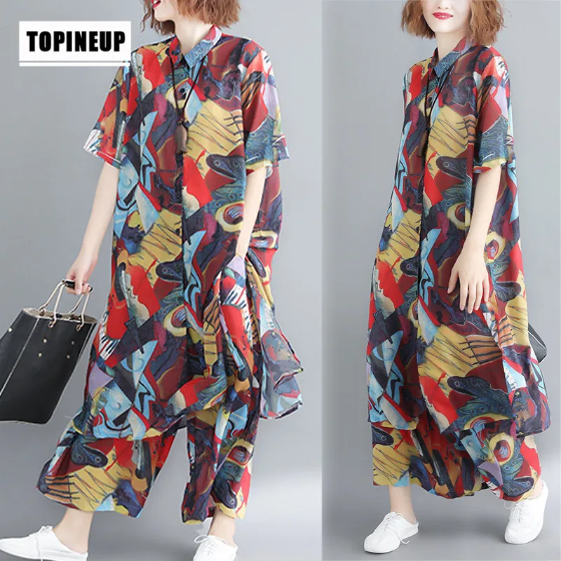 

Fashion beautiful Floral boho print Ethnic Chiffon Blouses + ankle Length Pants comfortable Beach holiday 2 Pieces Set