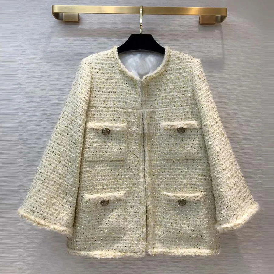 

Red RoosaRosee New Runway Designer Women Autumn Winter Soft Tweed Golden Thread Buttons Overcoat Fashion Lady Outwear Loose Coat
