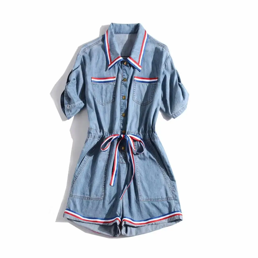 

European and American women's dress 2020 summer new styles Short sleeve lapel lace-up Fashionable denim shorts jumpsuit