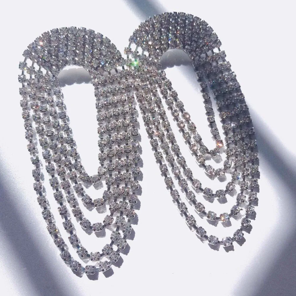 

1 Pair Jewellery Geometric Dangle Accessories Crystal Waterfall Rhinestone Tassel Women Earrings Large Round Charm Wedding Gift
