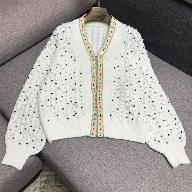 creamy-white Женский кардиган с бисером, свитер с v-образным вырезом, однотонная Свободная трикотажная одежда, повседневный вязаный кардиган, верхняя одежда, зимняя куртка, пальто, pull femme - Цвет: creamy-white