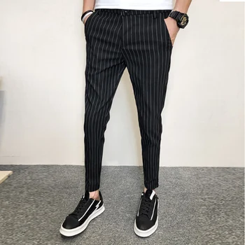 

Korean 2020 Summer Black Pants Men Fashion Ankle Length Men Striped Pants Casual All Match Slim Fit Trousers Men Black 34-28 Hot