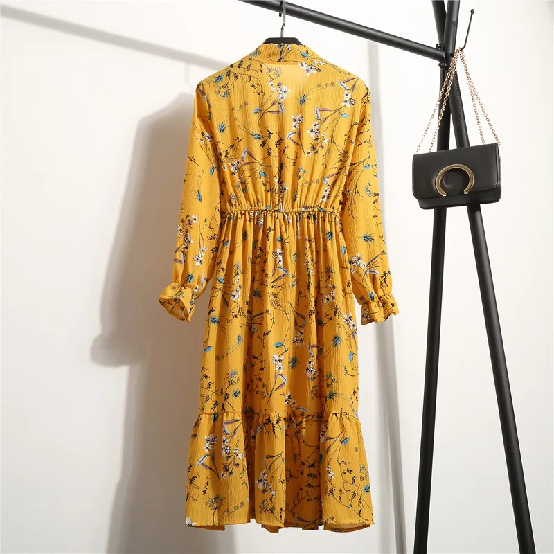 New Size 2020 Plus Summer Dress Women Floral Chiffon Long Sleeve Stand Neckline Printing Casual Party Vintage Boho Maxi Dresses | Женская