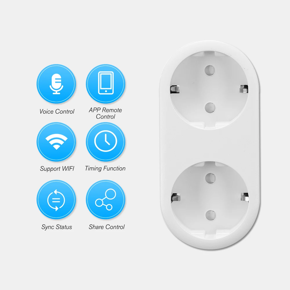 Умная Wi-Fi розетка ЕС Тип E с двойной розеткой дистанционного управления смартфоном из любой точки Функция синхронизации, голосовое управление