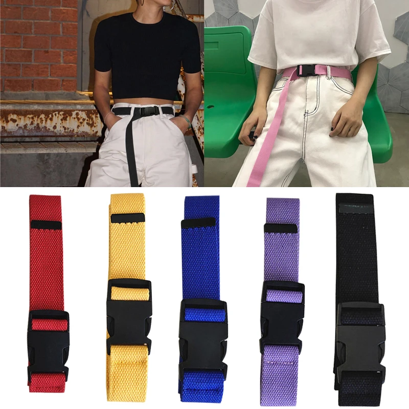 Vintage Plastic Buckle Solid Color Long Waistbands Adults Adjustable Canvas Long Belt Unisex Korean Style Black Red White Belts snap belt