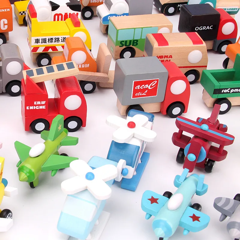 Wooden toys 12 pieces of movable aircraft toy model engineering vehicle transportation army vehicle spot 12 car set