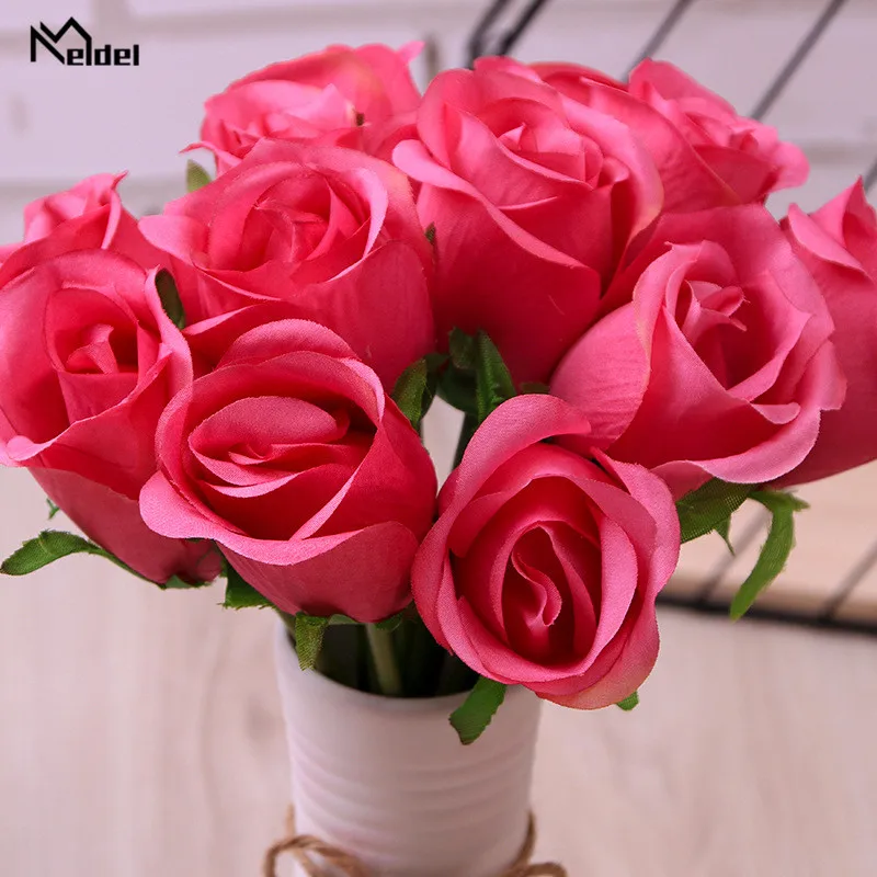 Rose-red Meldel шелковые искусственные цветы розы для украшения дома на балконе 12 голов розы букет поддельные цветы Свадебные вечеринки - Цвет: Rose-red