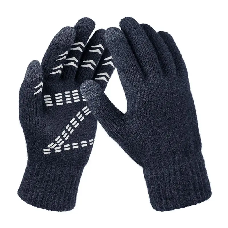 Men Women Knit Winter Full Finger Gloves Thermal Lining Touch Screen Warm Outdoor Sport Mittens with Non-Skid Silicone Palm - Цвет: Blue