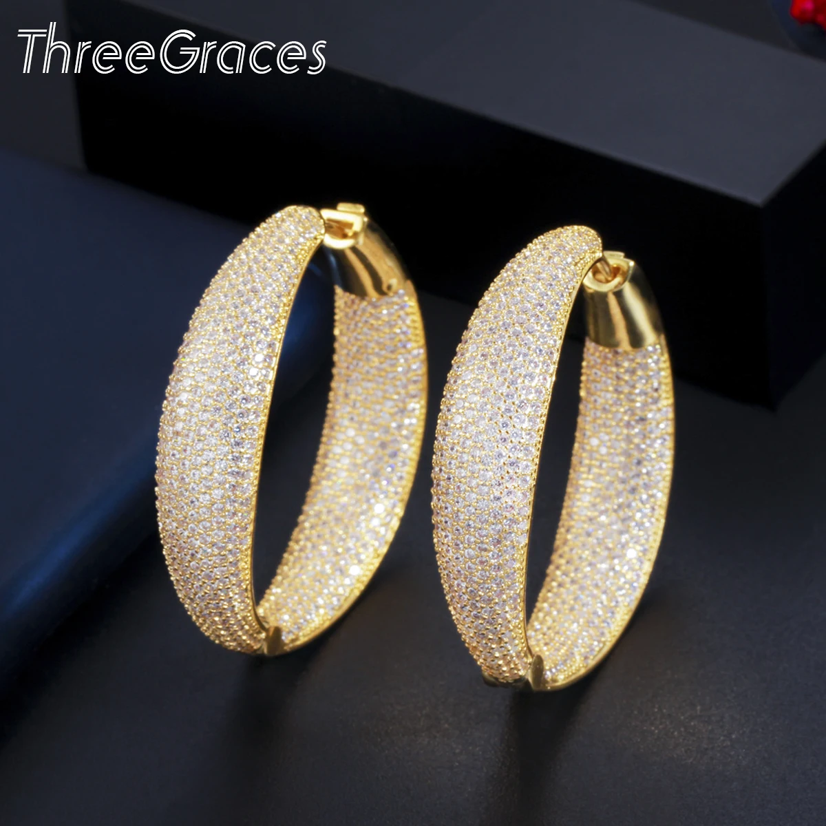 ThreeGraces Gorgeous White Full Cubic Zirconia Stone Big Round CZ Hoop Earrings for Ladies Korean Fashion Party Jewelry ER510