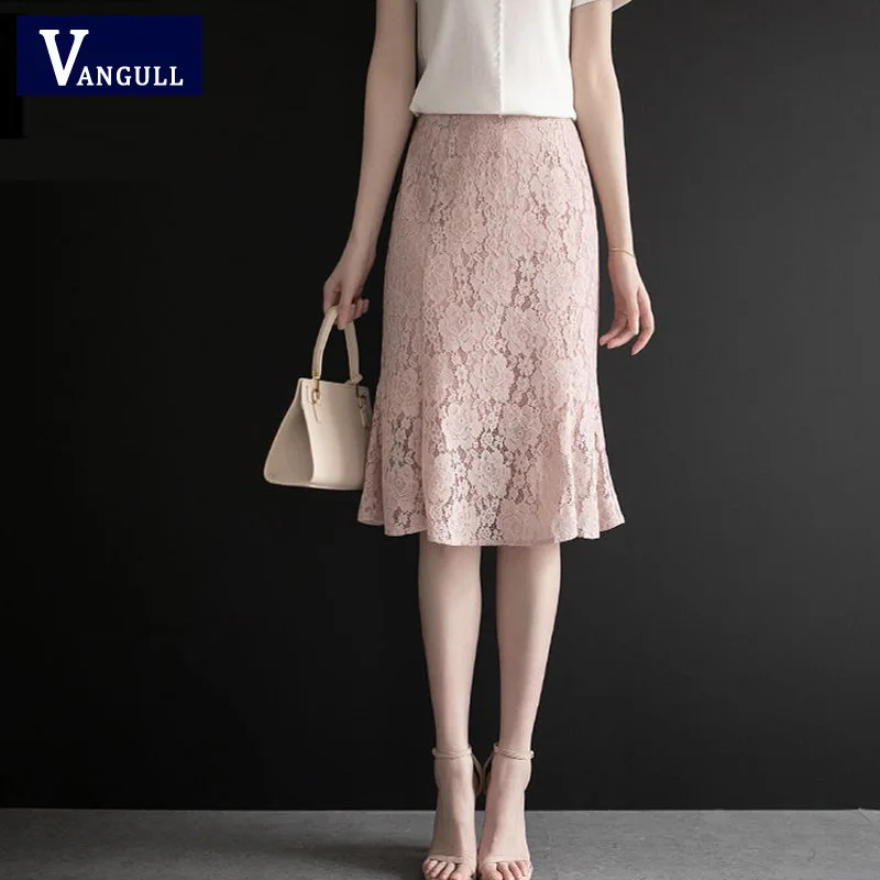 Vangull, весенние юбки для женщин, Корейская Офисная Женская тонкая облегающая юбка-карандаш, новая мода, высокая талия, элегантная кружевная юбка средней длины для женщин - Цвет: Розовый